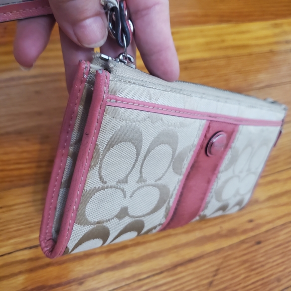Coach Signature Beige and Coral Wristlet - Picture 1 of 16